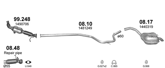 Схема выхлопной системы: Ford Galaxy II, Ford Mondeo IV, Ford S-Max CJ · 1.8 дизель, 2006–2011
