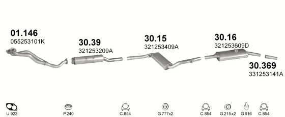 Схема выхлопной системы: VW Passat/santana, VW Santana · 2.0 бензин, 1981–1988; 2.3 бензин, 1981–1988