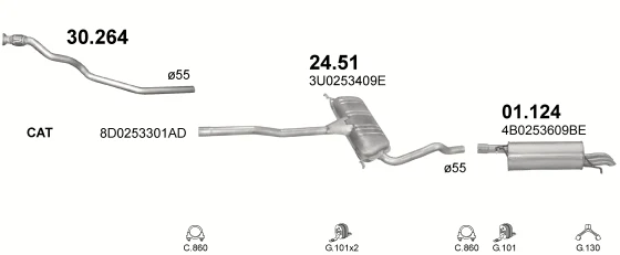 Схема выхлопной системы: Skoda Superb I · 1.9 дизель, 2001–2008
