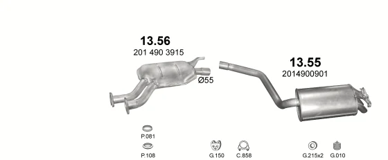 Схема выхлопной системы: Mercedes 190 W201 · 2.0 бензин, 1991–1993; 2.3 бензин, 1991–1993