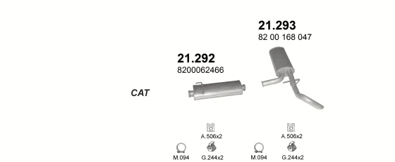 Схема выхлопной системы: Opel Agila A, Opel Antara A, Renault Clio II, Renault Laguna II, Renault Trafic II, Opel Vivaro A · 1.9 дизель, 2001–2006