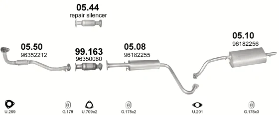 Схема выхлопной системы: Daewoo Lanos KLAT · 1.3 бензин, 1997–2000; 1.5 бензин, 1997–2000; 1.6 бензин, 1997–2000