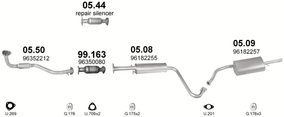 Схема выхлопной системы: Daewoo Lanos KLAT · 1.3 бензин, 1997–2000; 1.5 бензин, 1997–2000; 1.6 бензин, 1997–2000