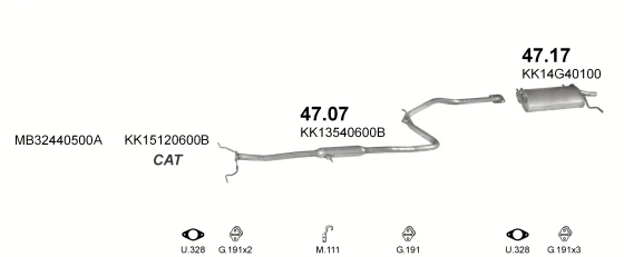 Схема выхлопной системы: KIA Pride DA · 1.3 бензин, 1998–2000