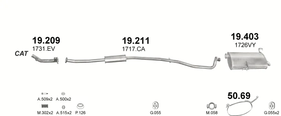 Схема выхлопной системы: Peugeot 206 2AC · 1.1 бензин, 2001–2007; 1.4 бензин, 2001–2003; 1.6 бензин, 2001–2004; 1.4 бензин, 2003–2007; 1.6 бензин, 2004–2007; 1.4 бензин, 2005–2007