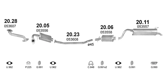 Схема выхлопной системы: Polonez Caro · 1.5 бензин, 1991–1995; 1.6 бензин, 1991–1995