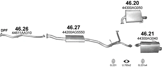 Схема выхлопной системы: Subaru Outback BL · 2.0 дизель, 2008–2009