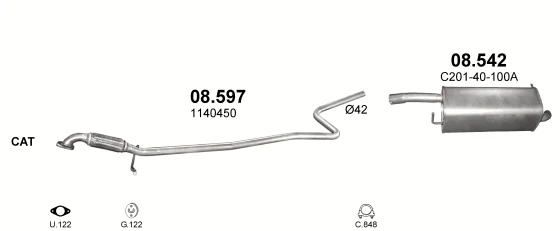 Схема выхлопной системы: Mazda 2 DY, Ford Fiesta V · 1.2 бензин, 2003–2007; 1.4 бензин, 2003–2007