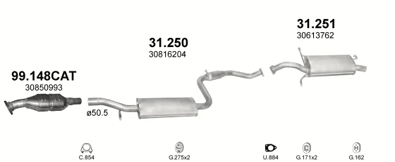 Схема выхлопной системы: Volvo S40 I · 1.6 бензин, 1996–2000; 1.6 бензин, 1999–2000; 1.8 бензин, 1999–2000