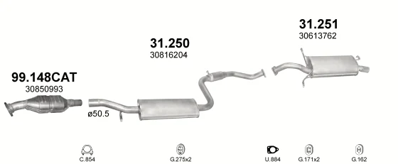 Схема выхлопной системы: Volvo S40 I · 1.8 бензин, 1996–2000