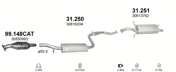 Схема выхлопной системы: Volvo V40 · 1.6 бензин, 1996–2000