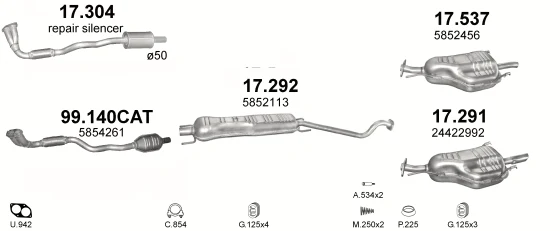 Схема выхлопной системы: Opel Astra G · 1.6 бензин, 1998–2000