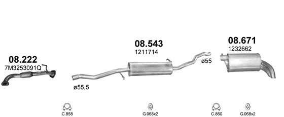 Схема выхлопной системы: Seat Alhambra 7V8, Ford Galaxy I, VW Sharan 7M8 · 1.9 дизель, 2002–2008; 2.0 дизель, 2005–2010