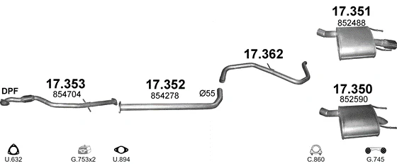 Схема выхлопной системы: Saab 9-5 YS3G, Opel Antara A, Chevrolet Malibu V300 · 2.0 дизель, 2010–2012