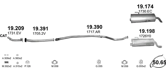 Схема выхлопной системы: Peugeot 206+ 2L · 1.4 бензин, 2009–2013; 1.1 бензин, 2009–2013