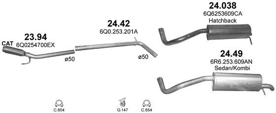 Схема выхлопной системы: Skoda Fabia II, Seat Ibiza IV · 1.9 дизель, 2008–2010; 1.9 дизель, 2007–2010