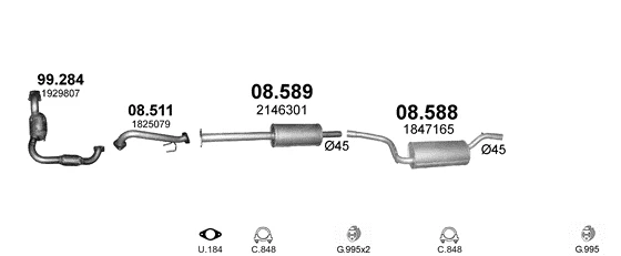Схема выхлопной системы: Ford Focus III · 1.0 бензин, 2012–2019