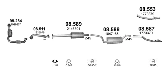 Схема выхлопной системы: Ford Focus III · 1.0 бензин, 2012–2019