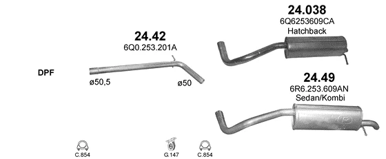 Схема выхлопной системы: Skoda Fabia II, Seat Ibiza III, Seat Ibiza IV, VW Polo V · 1.2 дизель, 2010–2014; 1.6 дизель, 2010–2014; 1.4 дизель, 2007–2010