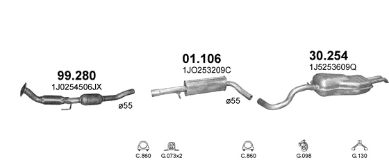 Схема выхлопной системы: VW Bora I, VW Golf IV, Skoda Octavia I · 2.0 бензин, 2001–2005