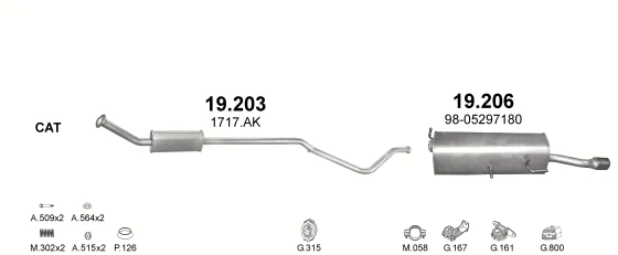Схема выхлопной системы: Peugeot 307 CC 3B · 1.6 бензин, 2004–2005; 1.6 бензин, 2005–2006