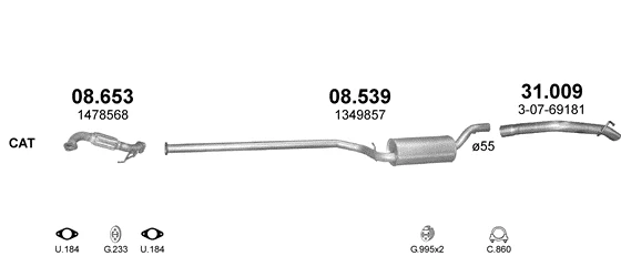 Схема выхлопной системы: Volvo C30 · 1.6 дизель, 2006–2012