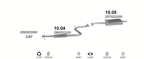 Схема выхлопной системы: Hyundai Accent I, Hyundai Excel, Hyundai Pony, Hyundai Pony X2 · 1.3 бензин, 1994–1999; 1.3 бензин, 1996–1999