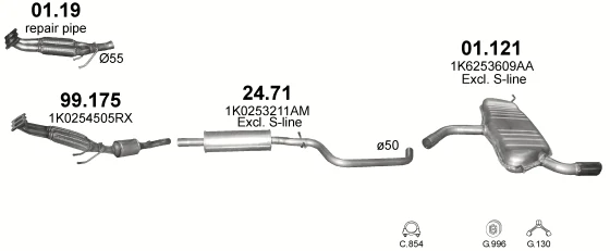 Схема выхлопной системы: Audi A3 8PA · 1.6 бензин, 2004–2013