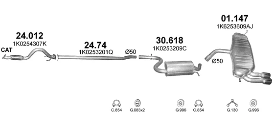 Схема выхлопной системы: Audi A3 8P1 · 1.4 бензин, 2007–2012