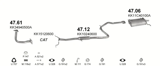 Схема выхлопной системы: KIA Pride DA · 1.1 бензин, 1991–2000; 1.3 бензин, 1991–2000