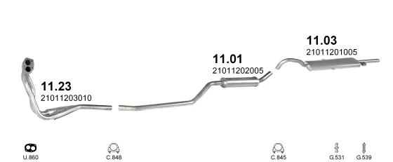 Схема выхлопной системы: Lada 2105, Lada 2107 · 1.1 бензин, 1968–1992; 1.3 бензин, 1968–1992