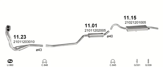 Схема выхлопной системы: Lada 2104 · 1.1 бензин, 1968–1992; 1.3 бензин, 1968–1992; 1.5 бензин, 1968–1992