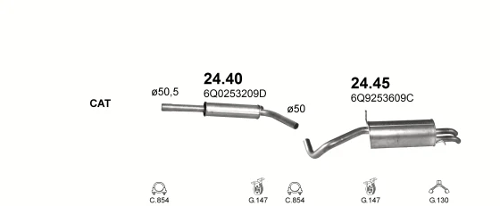 Схема выхлопной системы: Seat Cordoba 6L2, Skoda Fabia I · 1.9 дизель, 2002–2005; 1.9 дизель, 2002–2003