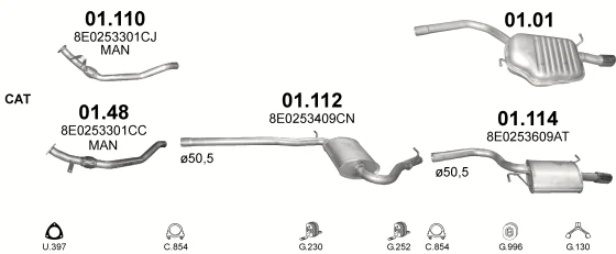 Схема выхлопной системы: Audi A4 B6 · 2.0 бензин, 2000–2003