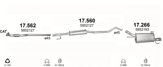 Схема выхлопной системы: Opel Tigra Twin Top · 1.2 бензин, 2000–2004; 1.2 бензин, 2004–2006; 1.4 бензин, 2003–2006