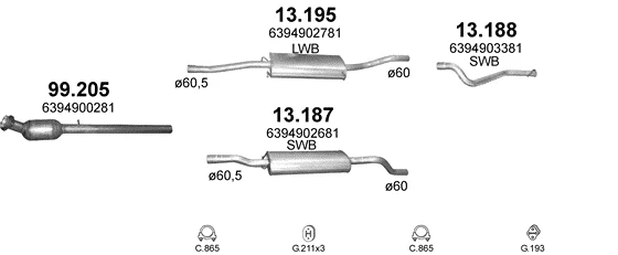 Схема выхлопной системы: Mercedes Viano · 2.2 дизель, 2003–2012