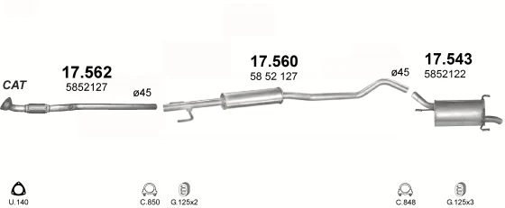 Схема выхлопной системы: Opel Corsa C · 1.2 бензин, 2000–2004; 1.2 бензин, 2004–2006; 1.4 бензин, 2003–2006