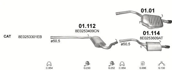 Схема выхлопной системы: Audi A4 B7 · 2.0 бензин, 2003–2008