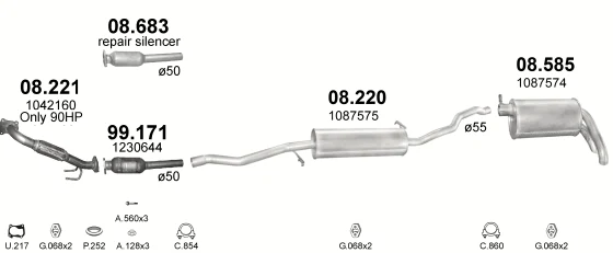 Схема выхлопной системы: Ford Galaxy I, VW Sharan 7M8 · 1.9 дизель, 1995–2000