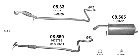 Схема выхлопной системы: Ford Fiesta VI · 1.25 бензин, 2008–2012; 1.4 бензин, 2008–2012