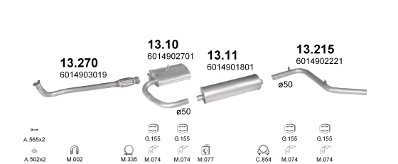 Схема выхлопной системы: Mercedes 207D, Mercedes 208D, Mercedes 209D, Mercedes 210D, Mercedes 307D, Mercedes 308D, Mercedes 309D, Mercedes 310D · 2.4 дизель, 1989–1991