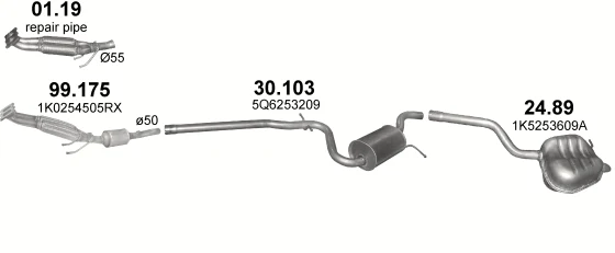 Схема выхлопной системы: VW Golf Plus V, VW Golf V, VW Golf VI · 1.6 бензин, 2007–2009; 1.6 бензин, 2005–2010