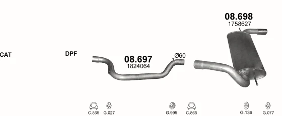 Схема выхлопной системы: Ford Focus III · 2.0 дизель, 2011–2016