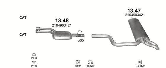 Схема выхлопной системы: Mercedes E-класс W210 · 2.8 бензин, 1996–2003; 3.2 бензин, 1996–2003