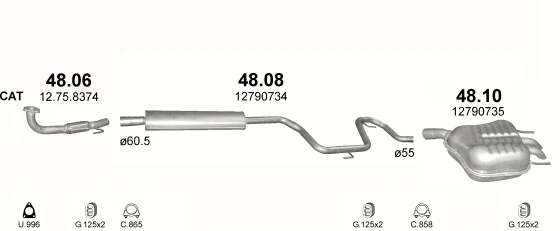 Схема выхлопной системы: Saab 9-3 YS3F · 1.8 бензин, с 2002; 2.0 бензин, с 2002; 2.0 бензин, с 2003; 1.8 бензин, с 2003; 1.8 бензин, с 2007; 2.0 бензин, с 2007; 1.8 бензин, с 2009