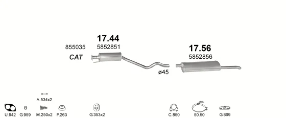 Схема выхлопной системы: Opel Astra F · 1.6 бензин, 1991–1996; 1.8 бензин, 1992–1995; 1.8 бензин, 1992–1993