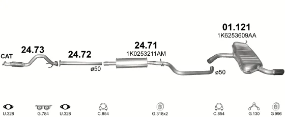 Схема выхлопной системы: Audi A3 8P7, VW Golf VI, VW Polo V, Skoda Yeti 5L · 1.2 бензин, 2010–2013
