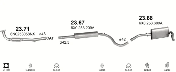 Схема выхлопной системы: Seat Arosa 6H, VW Lupo I · 1.0 бензин, 1999–2004; 1.4 бензин, 1999–2004