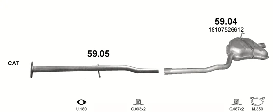 Схема выхлопной системы: Mini One · 1.4 бензин, 2002–2006; 1.6 бензин, 2000–2004