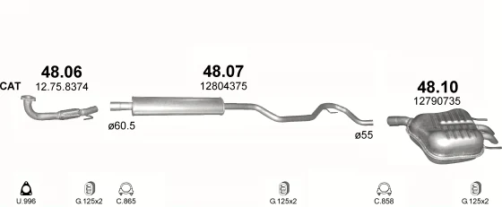Схема выхлопной системы: Saab 9-3 YS3F · 2.0 бензин, с 2005; 2.0 бензин, с 2007; 2.0 бензин, 2006–2007